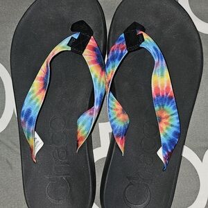 Chaco Black Flip Flops with Multicolor Tie-Dye Straps